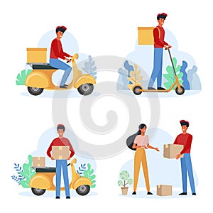 Delivery service male courier flat vector illustration set