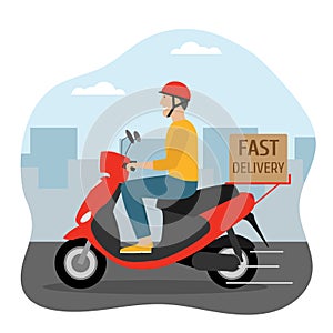 Delivery service. Man riding motor scooter with a box in the city. Fast delivery. E-commerce concept. Shipping