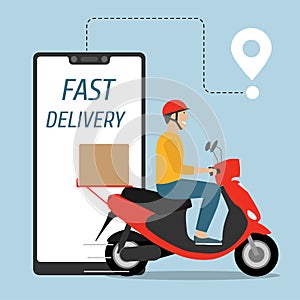 Delivery service. Man riding motor scooter with a box. Fast delivery. E-commerce concept. Shipping