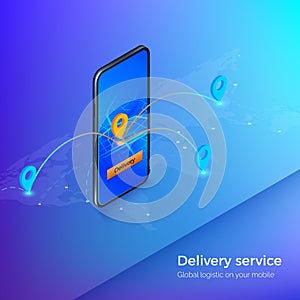 Delivery service or mobile shipping app banner. Navigation and gps in smartphone. Business illustration logistic and delivery.