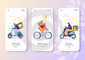 Delivery service, order shipping mobile app page onboard screen set.