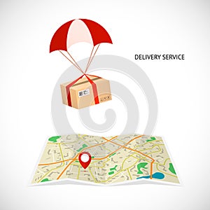 Delivery service. Package flies by parachute to the destination indicated by a pointer on the map. Vector illustration photo