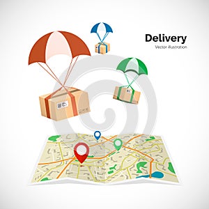 Delivery service. Parcels fly to the destination indicated on the map by the pointer. Vector illustration photo