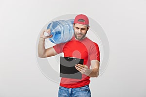 Delivery service and people concept - happy man or courier with bottle of water and document with serious facial