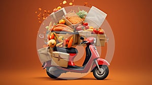 Delivery service scooter for delivery app with many products. Online food market store. Food delivery background concept