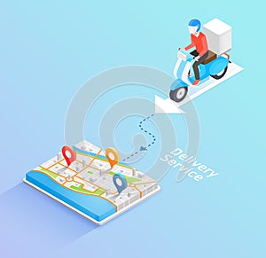 Delivery Service by scooter. Isometric concept. Vector Illustration