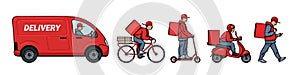 Delivery service se. Couriers walking, riding bicycle, electric scooter, motorbike, driving truck. Vector illustration.