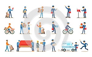 Delivery service set, couriers delivering packages, letters, furniture to clients vector Illustrations on a white