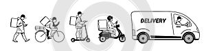 Delivery service set. Couriers walking, riding bicycle, electric scooter, motorbike, driving delivery truck.Vector illustration