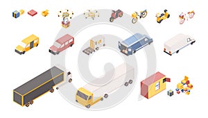 Delivery service symbols isometric illustrations set. Different transportation vehicles, logistics company warehouse