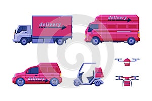 Delivery service transport set. Motorbike, truck, van, drone transportation distribution vehicles, cartoon vector