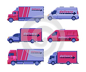 Delivery service transport set. Truck and van cars transportation distribution vehicles cartoon vector illustration