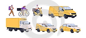 Delivery service transport types set. Walking courier, delivering on bicycle, scooter, bike, car, van, lorry, different