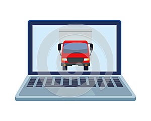 Delivery service truck in laptop