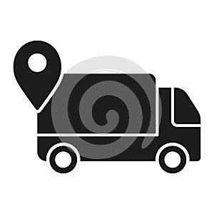 Delivery Service Truck with Location Pin Silhouette Icon. Shipping Place Symbol. Shipment Route Glyph Pictogram. Van