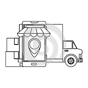 delivery service truck with smartphone and boxes