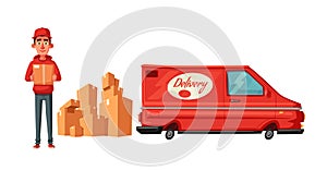 Delivery service by van. Car for parcel delivery. Cartoon vector illustration