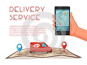 Delivery service by van. Car for parcel delivery. Cartoon vector illustration