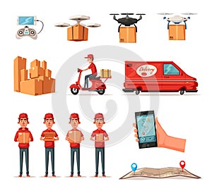 Delivery service by van, scooter, drone. Car for parcel delivery. Cartoon vector illustration
