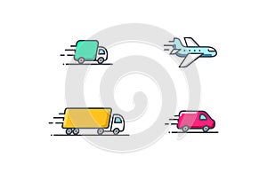 Delivery service vector icon set. Truck Van Semi truck Air plane logo collection isolated on white. Moving car line sign