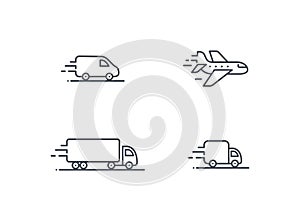 Delivery service vector icon set. Truck Van Semi truck Air plane logo collection isolated on white. Moving car sign
