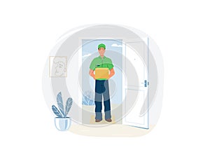 Delivery service vector illustration. Courier smile man stand near open door and hold package box. Home interior
