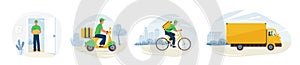 Delivery service vector illustration. Fast online deliver by courier man, bicycle, motorcycle and truck to work or home