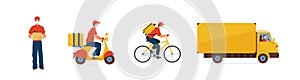 Delivery service vector illustration. Fast safe deliver by courier man, bicycle, motorcycle and truck to work or home