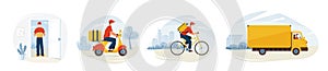 Delivery service vector illustration. Fast safe deliver by courier man to home. Bicycle, motorcycle and truck ride on