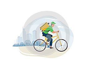 Delivery service vector illustration. Fast safe deliver by man ride by bike to work or home, outdoor city landscape