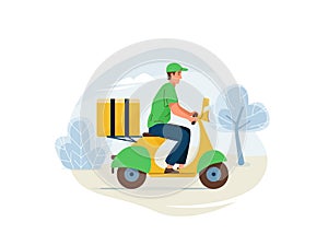 Delivery service vector illustration. Fast safe deliver by man ride by motorbike to work or home, outdoor landscape