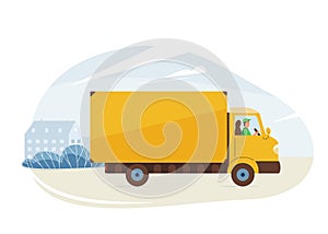 Delivery service vector illustration. Fast safe deliver by truck, van to work or home, outdoor city landscape, cityscape