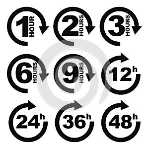 Delivery or service waiting time icon set - From 1 hour to 48 hours vector arrow pictograms