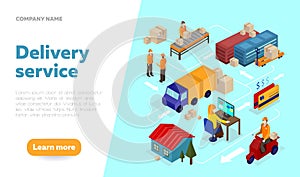 Delivery service web banner design template with isometric elements. Logistics isometric illustration. Isometric vector delivery