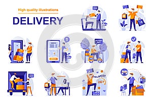 Delivery service web concept with people scenes set in flat style. Bundle of ordering food with courier delivering, fast shipping