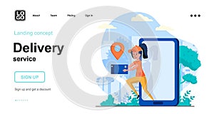 Delivery service web concept. Woman courier holds parcel, order delivery and tracking in mobile app. Template of people scene.