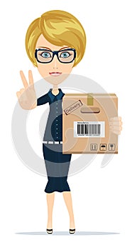 Delivery service woman with box shows sign of victory