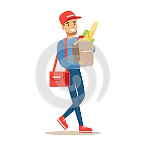 Delivery Service Worker Carrying Paper Bag With Supermarket Products, Smiling Courier Delivering Packages Illustration