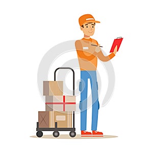 Delivery Service Worker Crossing Out Address From Check List, Smiling Courier Delivering Packages Illustration