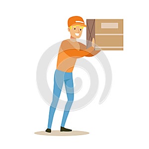 Delivery Service Worker Holding Big Box On The Shoulder, Smiling Courier Delivering Packages Illustration