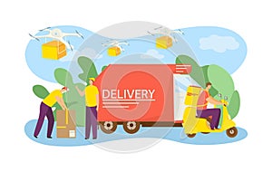 Delivery service worker near cargo, vector illustration. Shipping package box by flat truck, business transportation