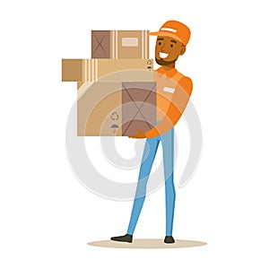 Delivery Service Worker In Orange Cap Holding Pile Of Boxes, Smiling Courier Delivering Packages Illustration