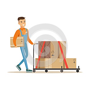 Delivery Service Worker Pushing Loaded Cart, Smiling Courier Delivering Packages Illustration