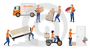 Delivery service workers flat vector illustrations set. Couriers, postman, deliveryman with order, parcel cartoon characters