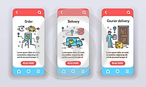 Delivery services on mobile app onboarding screens. Banners for website on red background and mobile kit development. UI UX GUI
