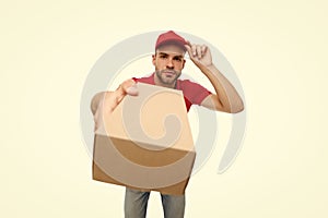 Delivery services are now only option. Shopping concept. Safely ordering food. Courier delivering package. Grocery
