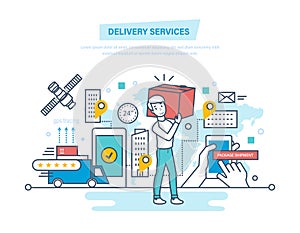 Delivery services. Shopping, receive order, gps tracking, shipment, technical support.