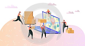 Delivery servise concept. Vector characters with boxes and containers. Cargo industry