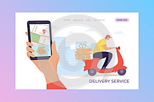 Delivery servise mobile landing vector Illustration. Order pizza at home through application on your smartphone or