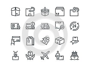 Delivery. Set of outline vector icons. Includes such as Loading, Express Delivery, Tracking Number Search, Cargo Ship